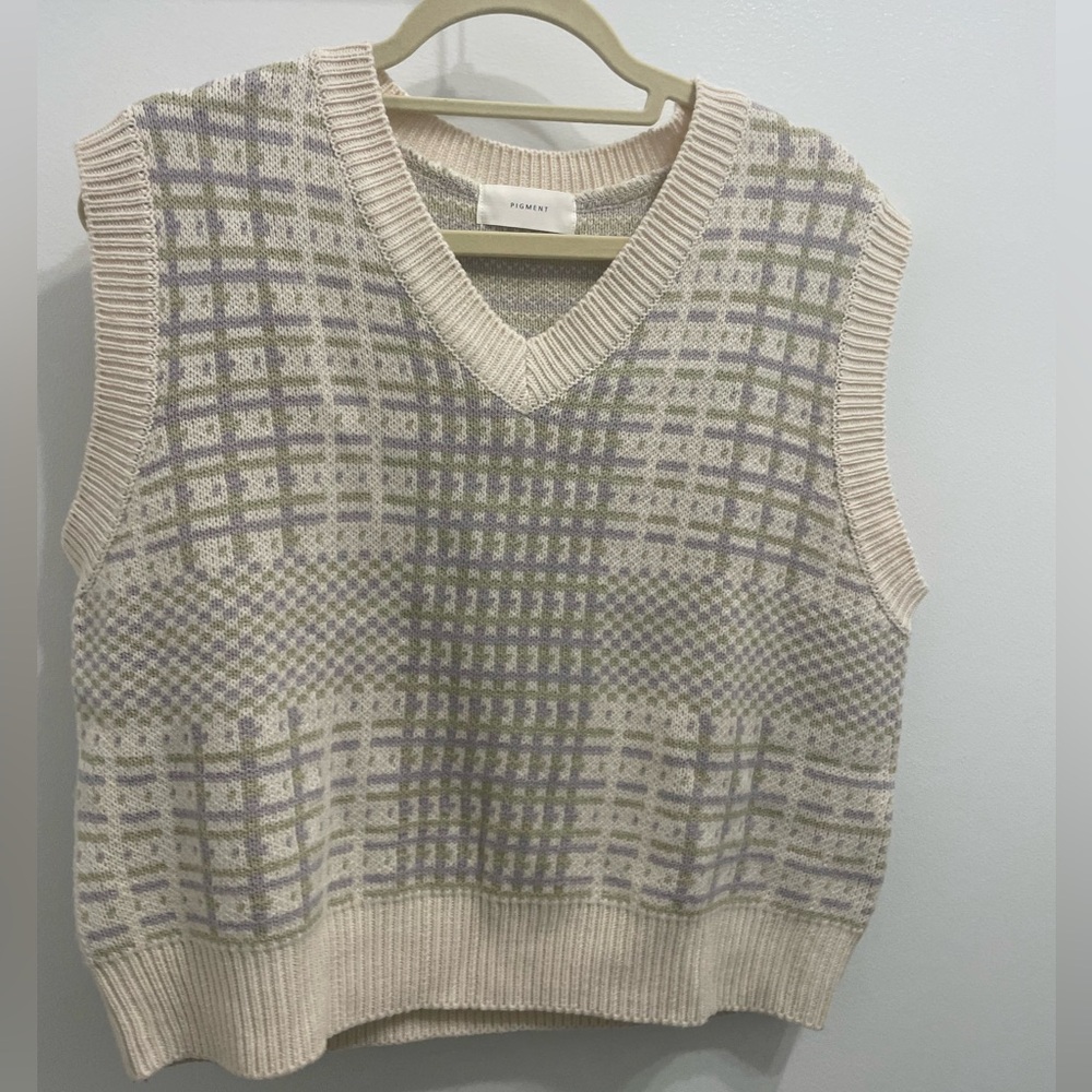 Pigment Cream Plaid Sweatervest Korean Fall Pastel Academia Preppy Women's L